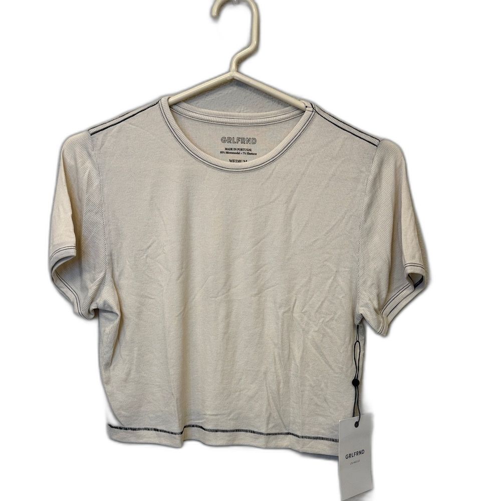 GRLFRND Cream Cropped Tee with Black Contrast Stitching | Medium